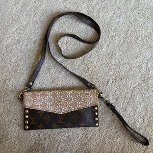 Reworked Louis Vuitton Brown Monogram Floral Envelope Crossbody Wristlet